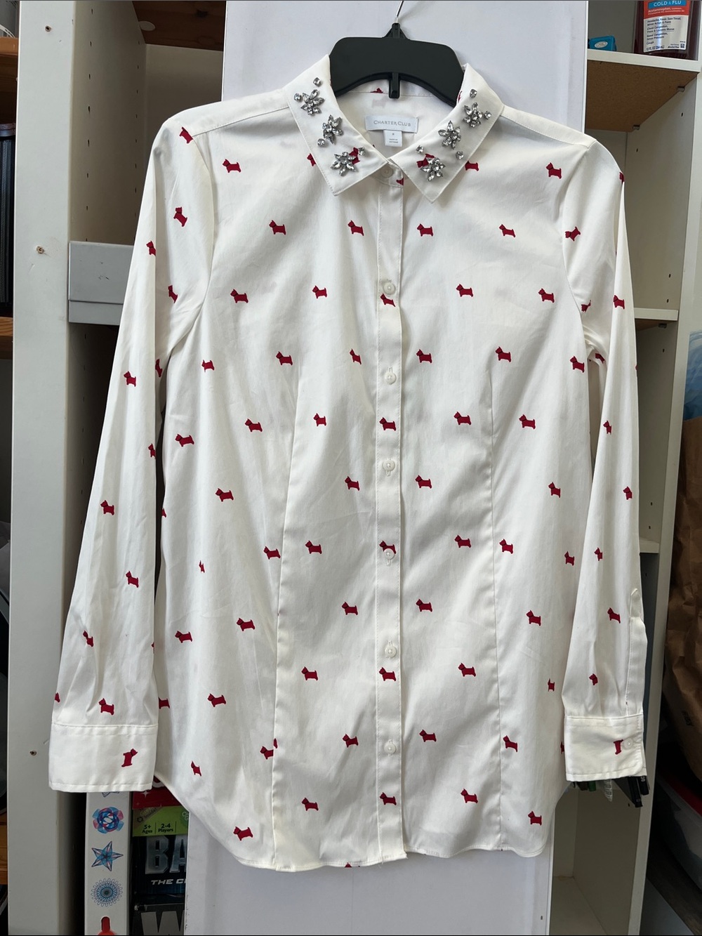 Charter Club Off Wht Button-Down Shirt with Red Dog Print and Embellished Collar